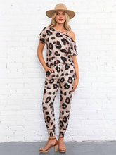 Cold-Shoulder Leopard Print Women's Asymmetrical Neckline Short Sleeve Top And Drawstring Waist Pocketed Pants Set